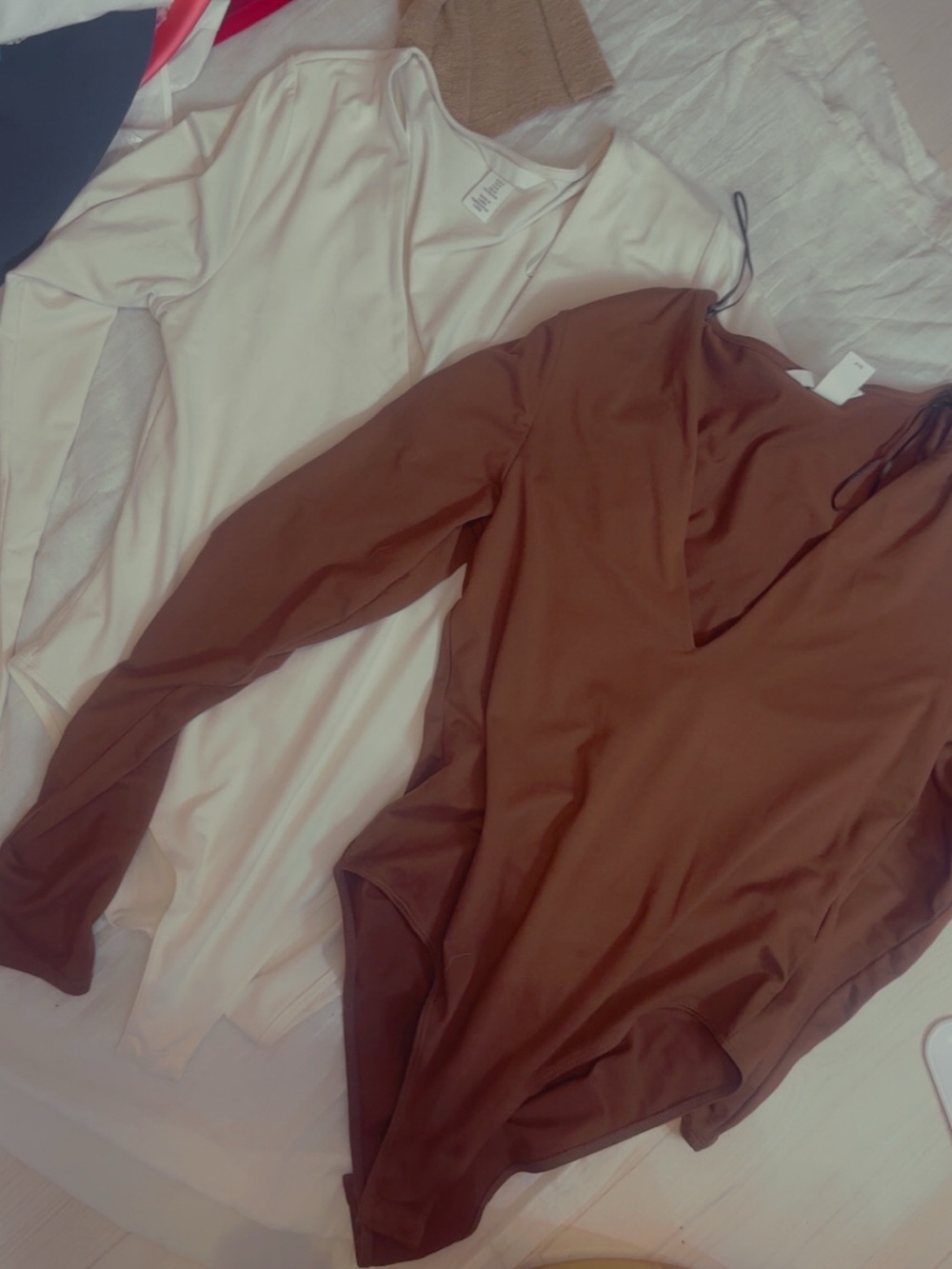 H&M Long Sleeve V‑Neck Bodysuits in Cream & Brown